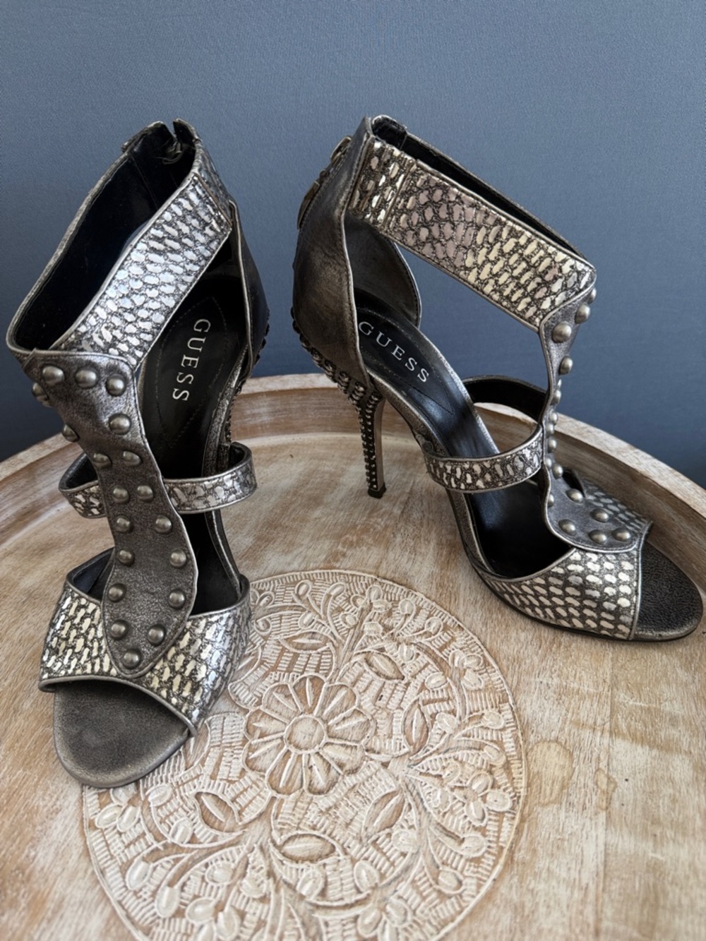 GUESS Metallic Silver Snake-Print Studded High Heel Sandals